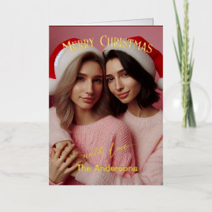 Merry Christmas Lesbian Retro Pink Custom Photo Foil Holiday Card