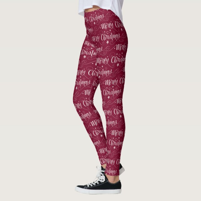 Merry Christmas Lettered Burgundy Red Leggings (Left)