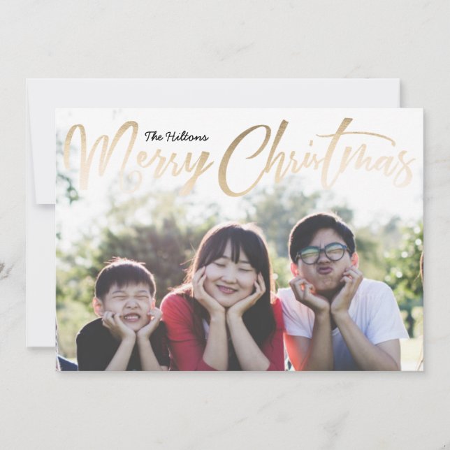 Merry Christmas Letterin Gold Foil Christmas Photo Holiday Card (Front)