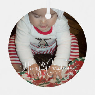 Merry Christmas Lettering and Baby Family Photo G Metal Tree Decoration
