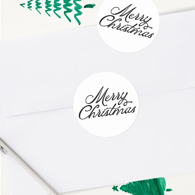 Merry Christmas Lettering Black and White Classic Round Sticker (Creator Uploaded)
