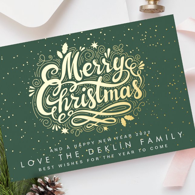 Merry Christmas Lettering Gold Speckle Green Leaf Foil Holiday Card (Creator Uploaded)