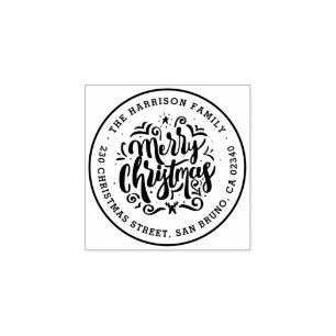 Merry Christmas Lettering Name & Return Address Rubber Stamp