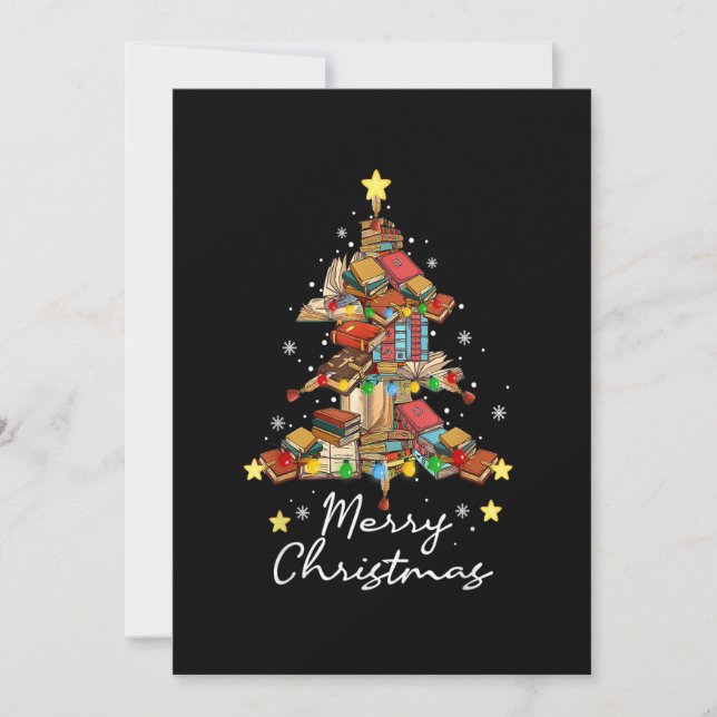 Merry Christmas Library Tree Book Reading Lover Li Invitation (Front)