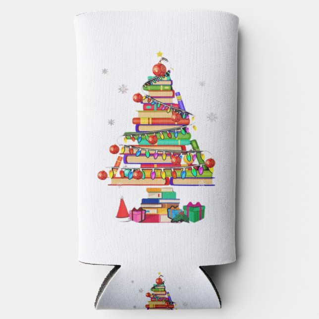 Merry Christmas Library Tree Seltzer Can Cooler (Front)