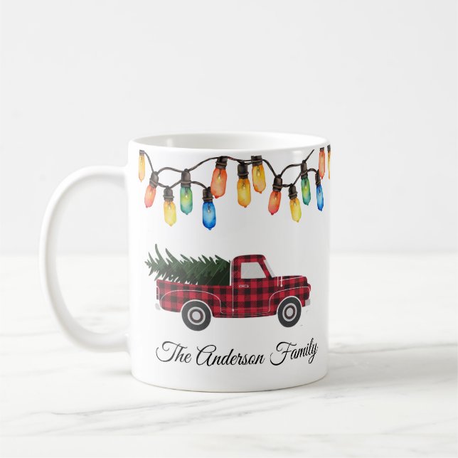 Merry Christmas Light Bulbs truck-tree Family Name Coffee Mug (Left)