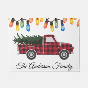 Merry Christmas Light Bulbs truck-tree Family Name Doormat