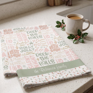 Merry Christmas Lights Family Name Holiday Tea Towel