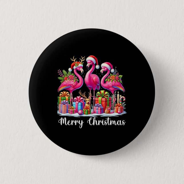 Merry Christmas Lights Flamingo Santa Hat Snow Xma 6 Cm Round Badge (Front)