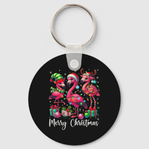 Merry Christmas Lights Flamingo Santa Hat Snow Xma Key Ring