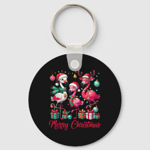 Merry Christmas Lights Flamingo Santa Hat Snow Xma Key Ring