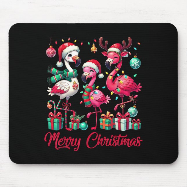 Merry Christmas Lights Flamingo Santa Hat Snow Xma Mouse Pad (Front)