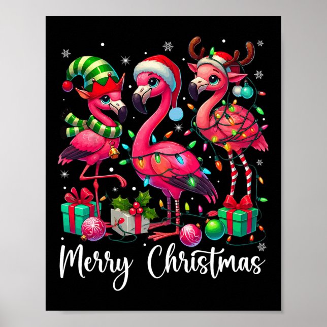 Merry Christmas Lights Flamingo Santa Hat Snow Xma Poster (Front)