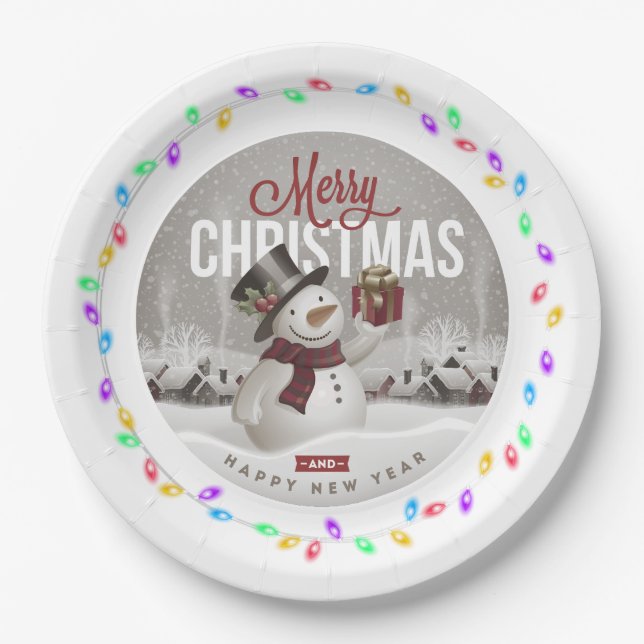 Merry Christmas Lights Frame Paper Plate (Front)
