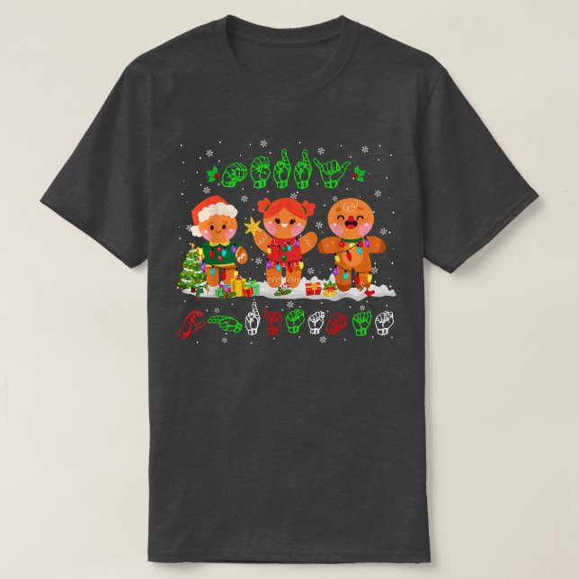 Merry Christmas Lights Gingerbread ASL Sign Langua T-Shirt (Design Front)