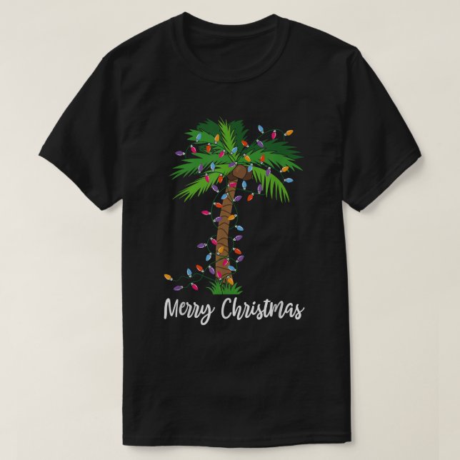 Merry Christmas Lights Palm Tree Beach Xmas Pajama T-Shirt (Design Front)