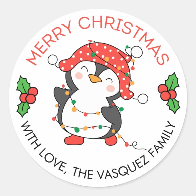 Merry Christmas Lights Penguin Stickers  Labels (Front)