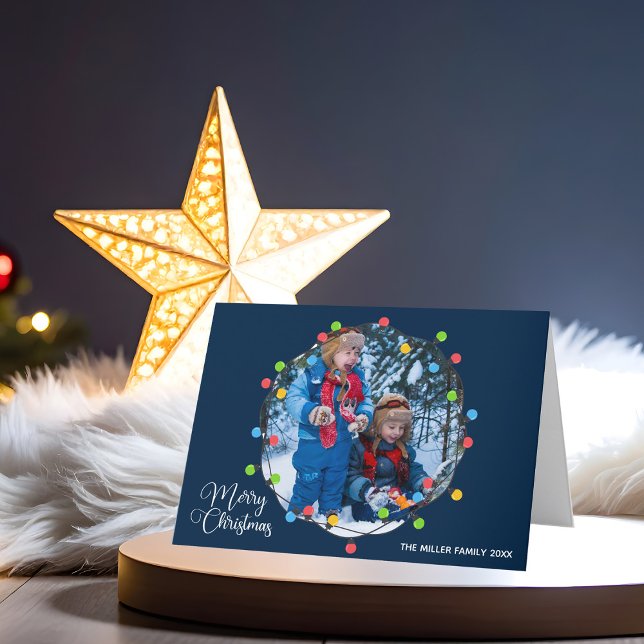 Merry Christmas Lights Photo Modern Cute Navy Blue Holiday Card (Creator Uploaded)