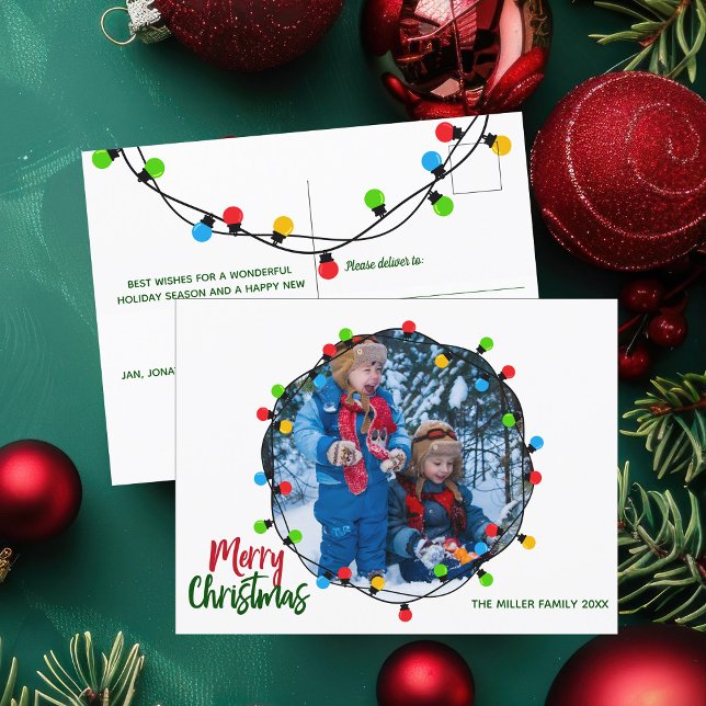 Merry Christmas Lights Photo Red Green Festive Postcard (Creator Uploaded)
