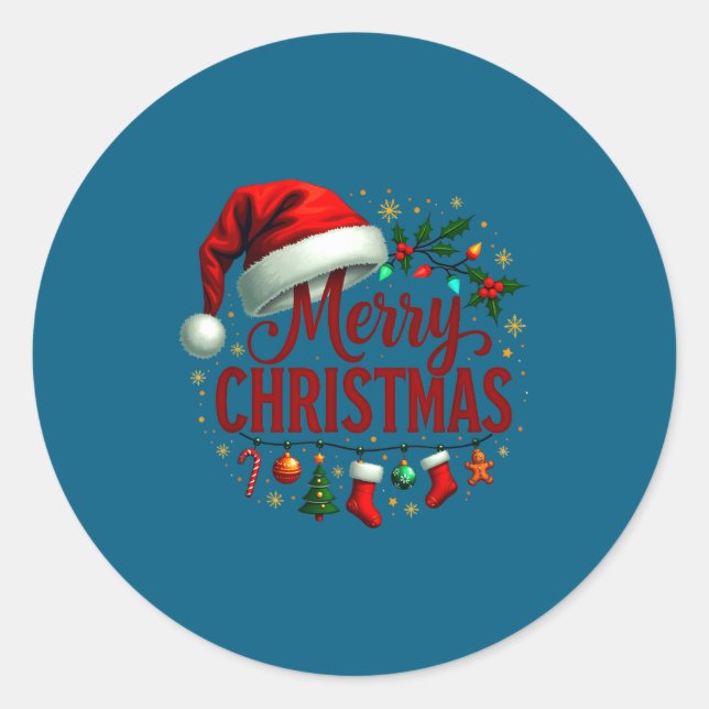 Merry Christmas Lights Red Santa Hat Family Men Wo Classic Round Sticker (Front)