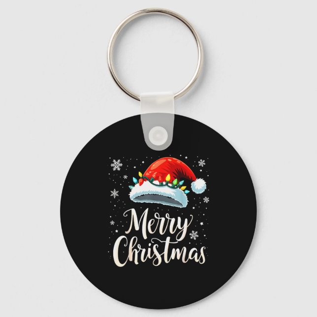 Merry Christmas Lights Red Santa Hat Xmas Family  Key Ring (Front)