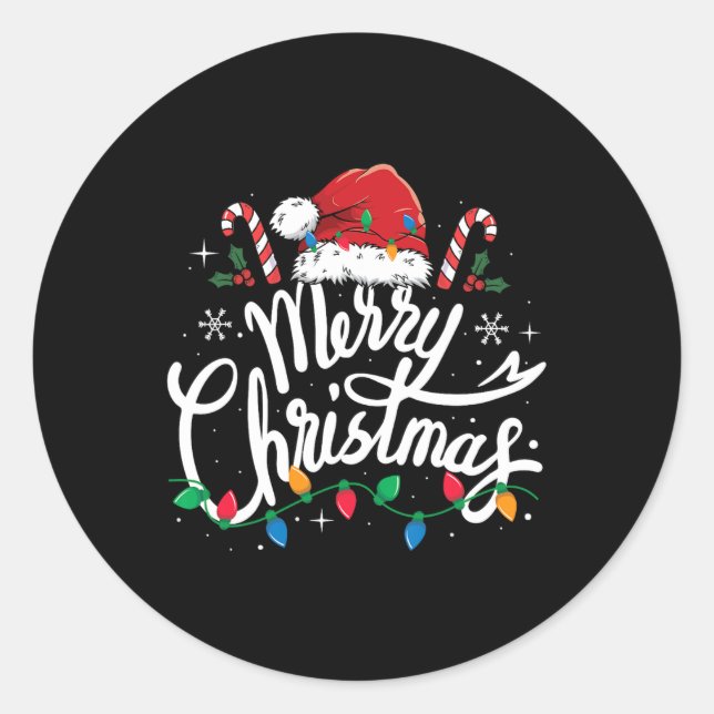 Merry Christmas Lights Red Santa Hat Xmas Family M Classic Round Sticker (Front)