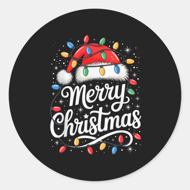 Merry Christmas Lights Red Santa Hat Xmas Family M Classic Round Sticker (Front)