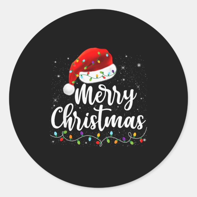 Merry Christmas Lights Red Santa Hat Xmas Family M Classic Round Sticker (Front)