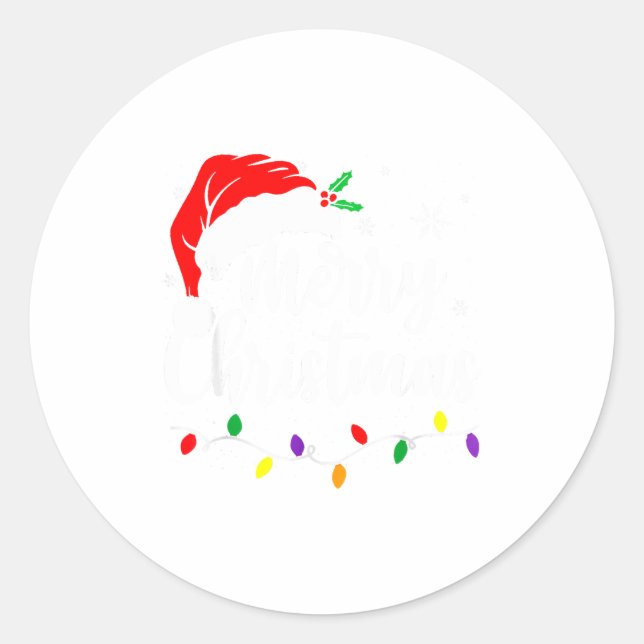 Merry Christmas Lights Red Santa Hat Xmas Family M Classic Round Sticker (Front)