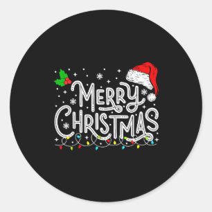 Merry Christmas Lights Red Santa Hat Xmas Family M Classic Round Sticker