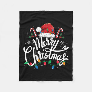 Merry Christmas Lights Red Santa Hat Xmas Family M Fleece Blanket