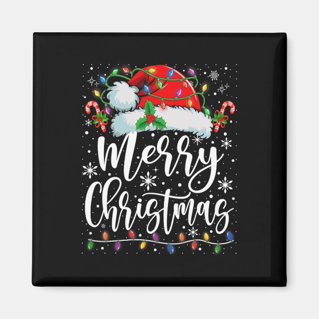 Merry Christmas Lights Red Santa Hat Xmas Family M Magnet (Front)