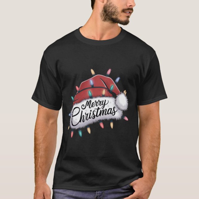 Merry Christmas Lights Red Santa Hat Xmas Family M T-Shirt (Front)