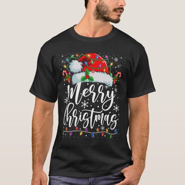 Merry Christmas Lights Red Santa Hat Xmas Family M T-Shirt (Front)