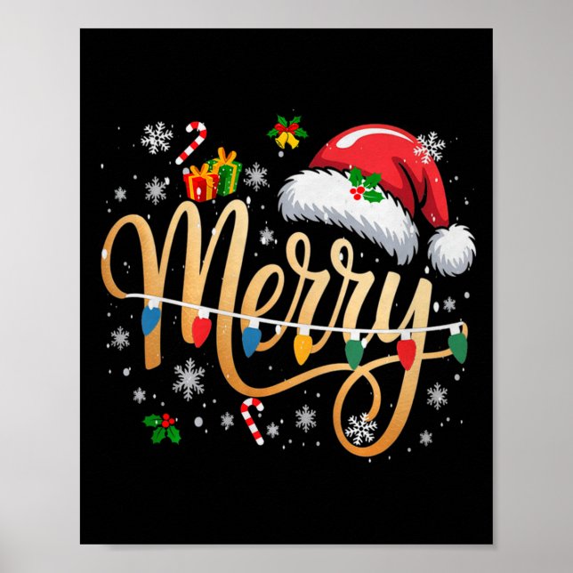 Merry Christmas Lights Red Santa Hat Xmas Men Wome Poster (Front)