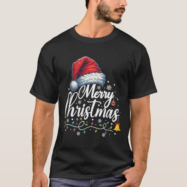 Merry Christmas Lights Santa Hat Funny Xmas Family T-Shirt (Front)