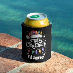 Merry Christmas Lights Santa Hat Personalised Gift Can Cooler