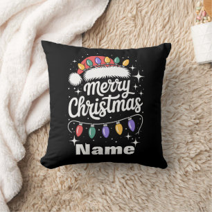 Merry Christmas Lights Santa Hat Personalised Gift Cushion