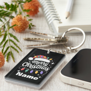 Merry Christmas Lights Santa Hat Personalised Gift Key Ring