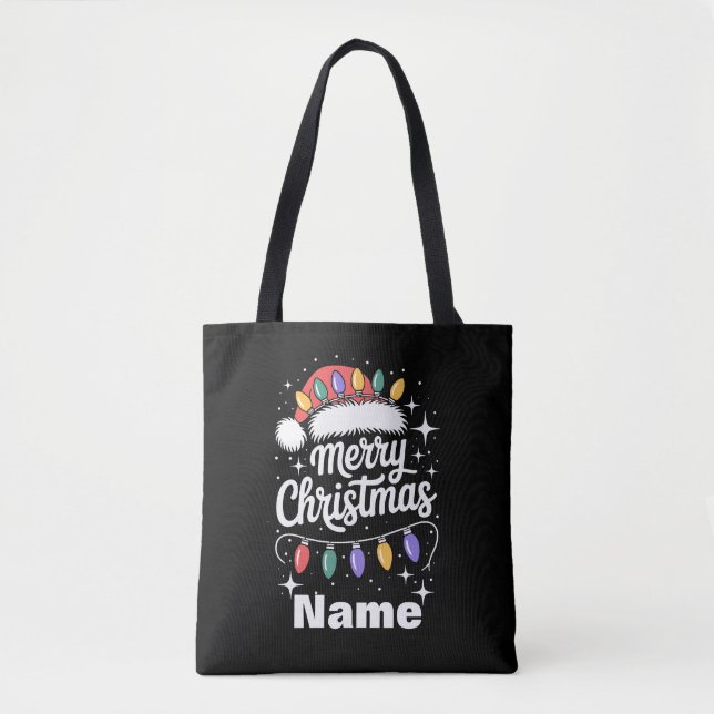 Merry Christmas Lights Santa Hat Personalised Gift Tote Bag (Front)