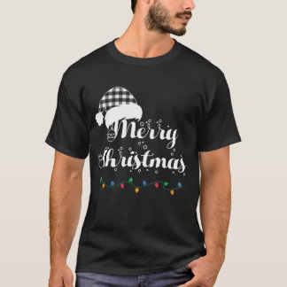 Merry Christmas Lights Santa Hat With White Plaid T-Shirt