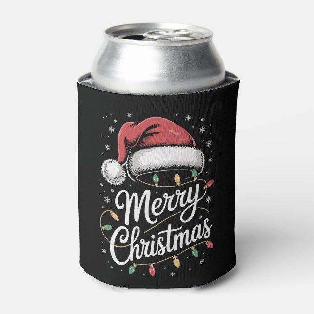 Merry Christmas Lights Santa Hat Xmas Family Can Cooler (Can Front)