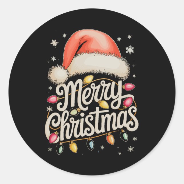 Merry Christmas Lights Santa Hat Xmas Family Classic Round Sticker (Front)