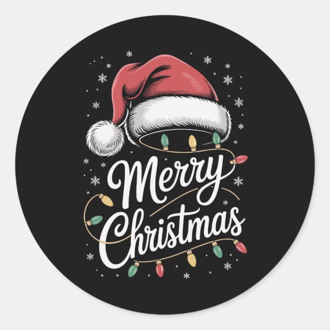 Merry Christmas Lights Santa Hat Xmas Family Classic Round Sticker (Front)