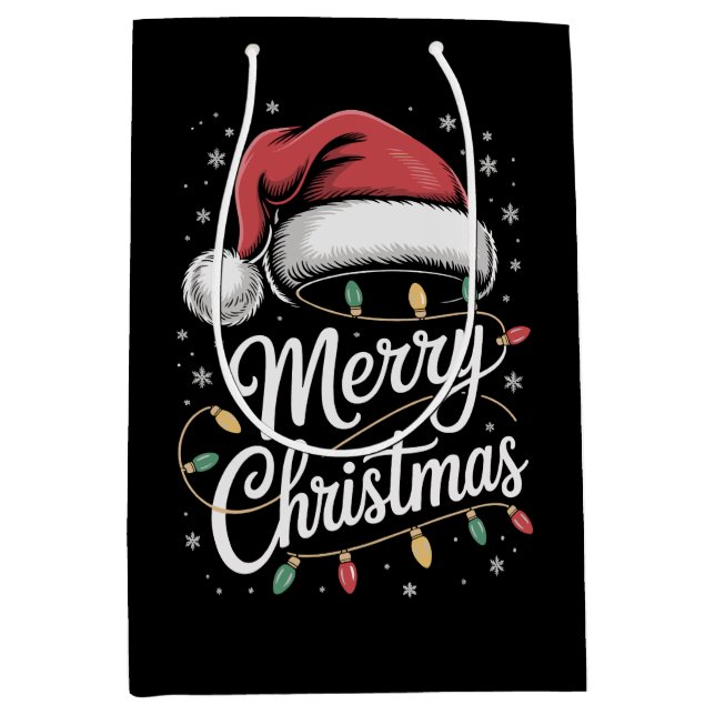 Merry Christmas Lights Santa Hat Xmas Family Medium Gift Bag (Front)