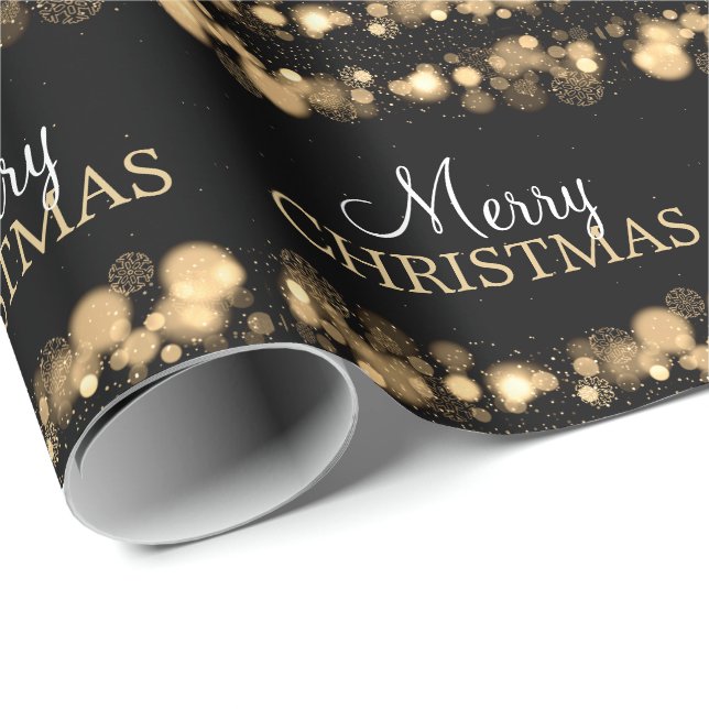 Merry Christmas Lights Snowflakes Sparkles Gold Wrapping Paper (Roll Corner)
