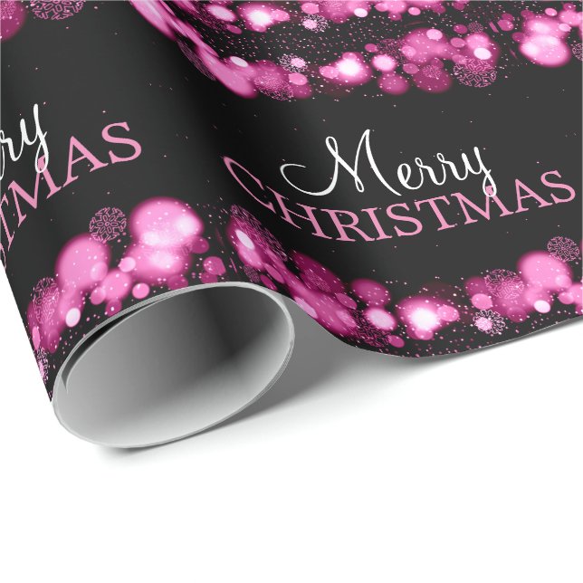 Merry Christmas Lights Snowflakes Sparkles Pink Wrapping Paper (Roll Corner)