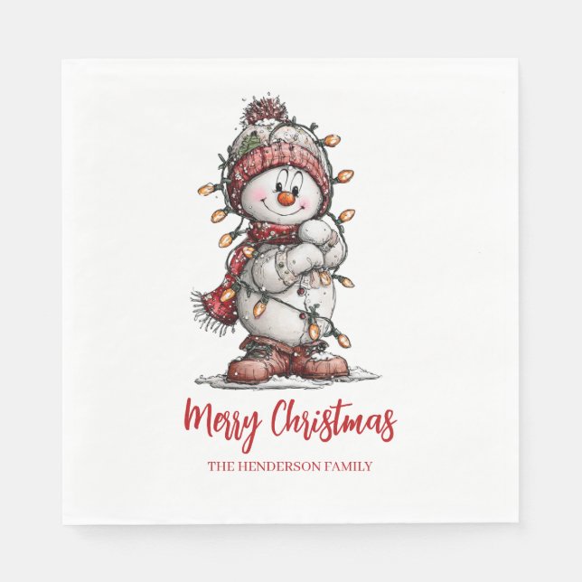 Merry Christmas Lights Snowman  Napkin (Front)