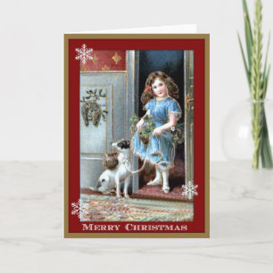Merry Christmas Little Girl and Dog Holiday Card