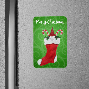 Merry Christmas Little Gnome Stocking Green Swirls Magnet